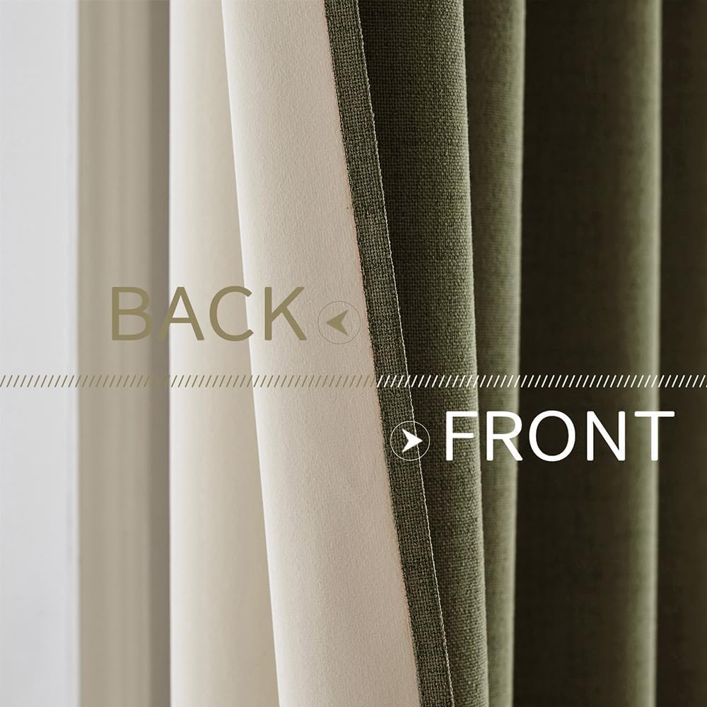MIULEE Linen Texture Curtains for Bedroom Solid 100% Blackout Thermal Insulated Light Olive Green Curtains Grommet Room Darkening Drapes for Living Room Nursery 52x72 Inch (2 Panels)