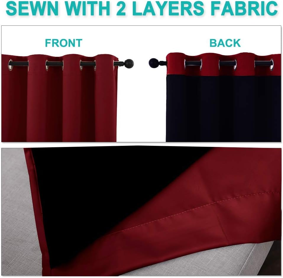 NICETOWN Living Room Completely Shaded Draperies, Privacy Protection & Noise Reducing Ring Top Drapes, Black Lined Insulated Window Treatment Curtain Panels(Burgundy Red, 2 Pieces, W46 x L72)