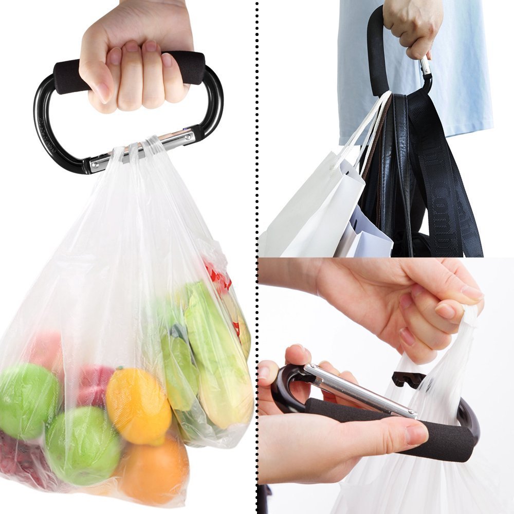 Large Stroller Hooks for Mommy, 2 pcs Carabiner Stroller Hook Organizer for Hanging Purses, Diaper Bag, Shopping Bags. Clip Fits Single/Twin Travel Systems, Car Seats (Black+Rose)