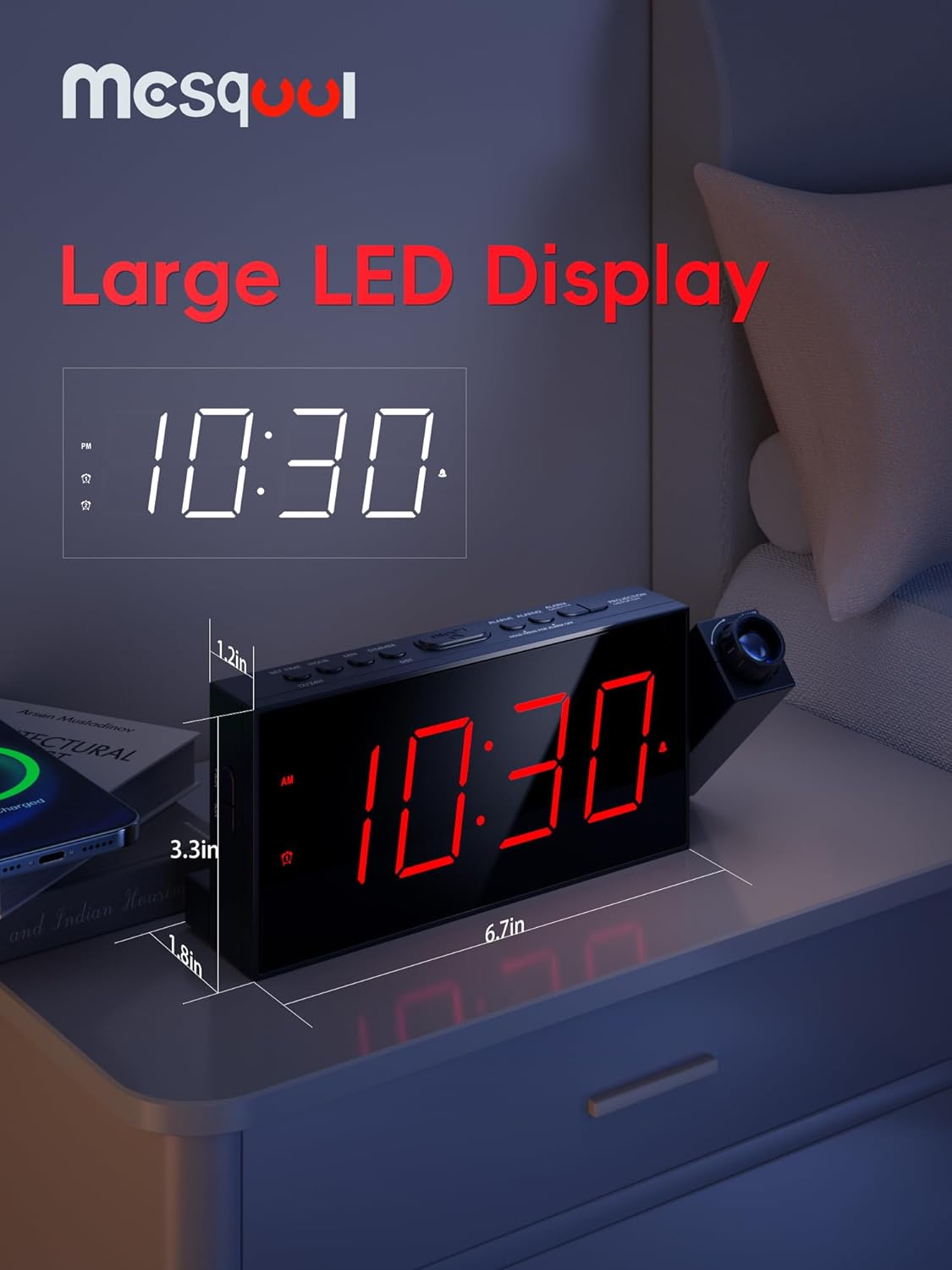 Projection Alarm Clock, Digital Clock with 180° Rotatable Projector, 5-Level Brightness Dimmer, Clear LED Display, USB Charger, Progressive Volume, 9mins Snooze,12/24H, for Bedroom