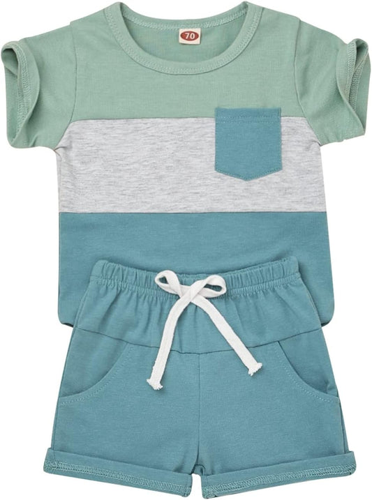 Baby Boy Clothes Toddler Boy Summer Outfits Short Sleeve Patchwork Top T-shirt & Pocket Pant Set 2 Piece 12 Months-4T