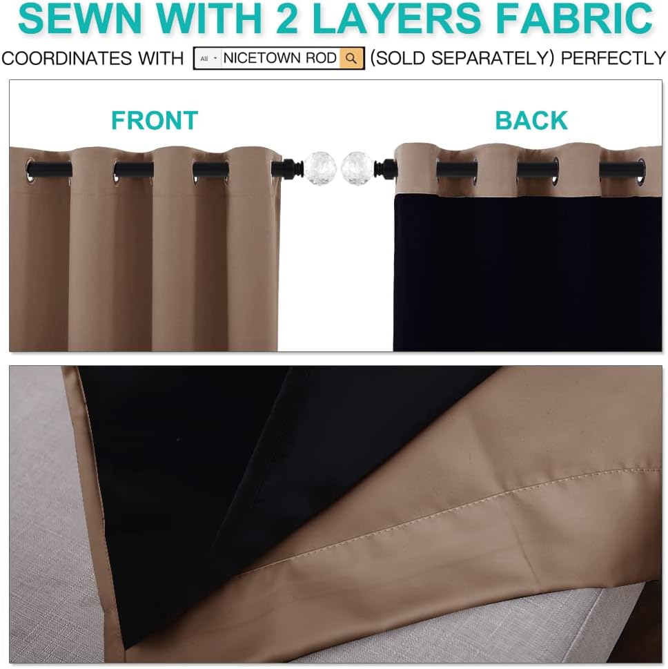 NICETOWN Total Blackout Panels for Nursery, Super Soft, Heavy Duty and Thick Window Treatment Curtains 63 inches Long with Black Lined for Basement, (1 Pair, Cappuccino, 62 inches Wide Each Panel)