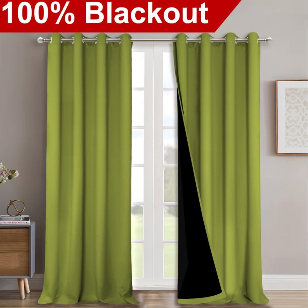 NICETOWN 100% Blackout Blinds, Set of 2, 46" x 96", Fresh Green, Laundry Room Decor Window Treatment Curtains for Large Patio Sliding Door, Thermal Insulated Curtains for Bedroom