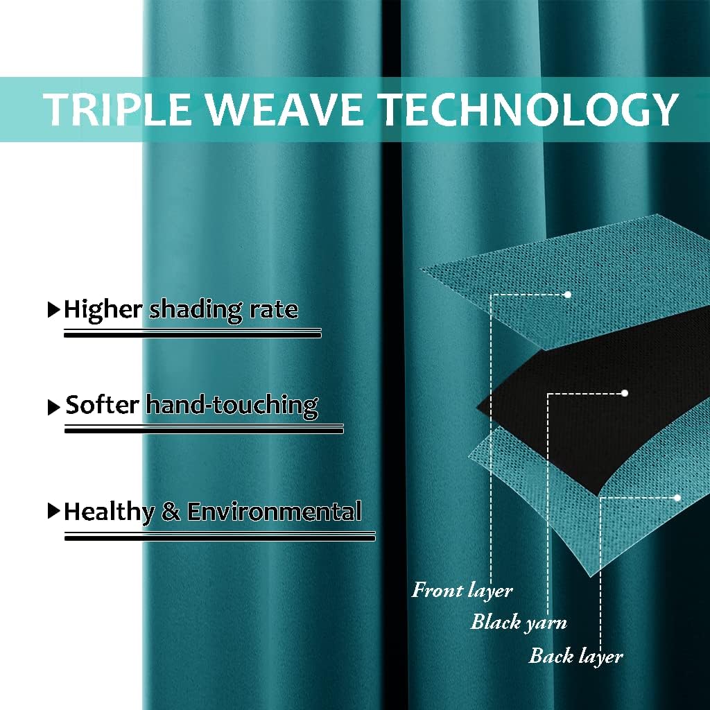 NICETOWN Peacock Teal 100% Blackout Lined Curtains, 2 Thick Layers Narrow Wide Window Treatment Panels Thermal Insulated Drapes for Kitchen Small Window (1 Pair, 37" Width x 63" Length Each Panel)