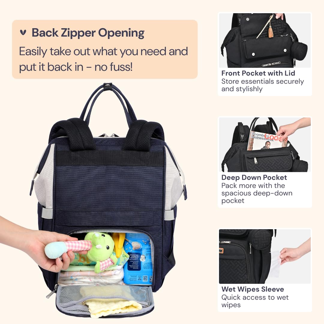 BabbleRoo Diaper Bag Backpack, Multifunction Nappy Changing Bag with Changing Pad, Stroller Straps & Pacifier Case, Unisex Stylish Travel Back Pack for Moms & Dads - Black