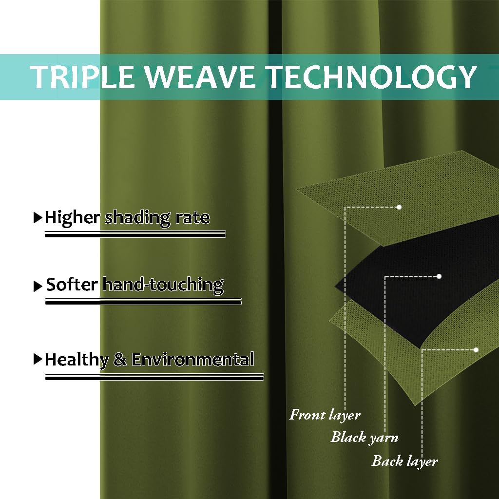 NICETOWN Total Shade Curtains and Draperies, Olive Green, Package of 2, 62 inches Wide x 95 inches, LongHeavy-Duty Full Light Shading Drapes with Black Liner Backing for Villa/Hall/Dorm Window