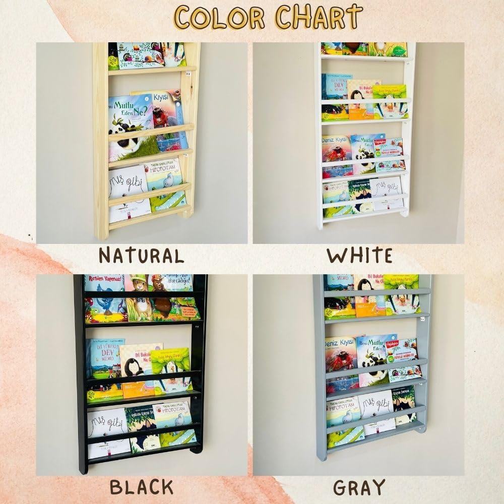 Handmade Solidwood Wall Mounted Montessori Kids Bookshelf, Solid Pine 4 Tier Book Display for Children Bedroom, Nursery Furniture Bookcase, Wood Pine Organiser for Living Room (Gray)