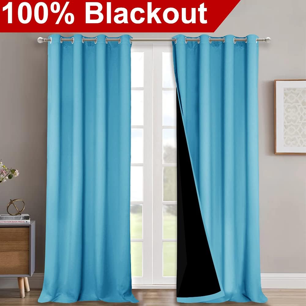 NICETOWN Full Shading Curtains 90 inches Long 2 Panels Set for Windows, Teal Blue, Pack of 2, 52 inches W, Super Heavy-Duty Black Lined Blackout Curtains for Bedroom, Privacy Assured Window Treatment