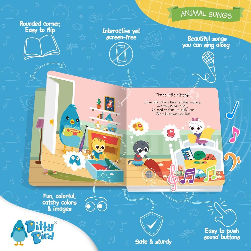 Ditty Bird Animal Songs Book for Toddlers – Interactive Sound Book with Baby Shark & More | Musical Board Book for 1-3 Year Olds | Fun, Realistic Animal Sounds | Sturdy Sensory Book for Baby