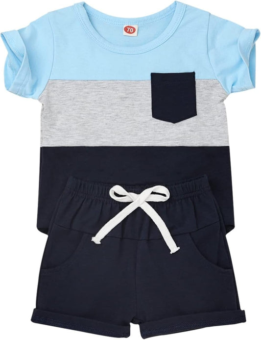 Baby Boy Clothes Toddler Boy Summer Outfits Short Sleeve Patchwork Top T-shirt & Pocket Pant Set 2 Piece 12 Months-4T
