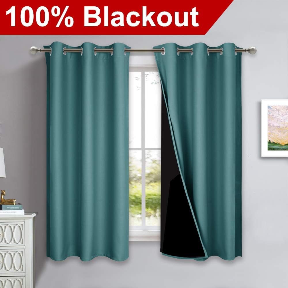 NICETOWN 100% Blackout Short Curtains with Black Liners, 2 Panels, 37" W by 60" L, Sea Teal, Solid Thermal Insulated Full Blackout 2-Layer Lined Drapes, Energy Efficiency Window Draperies for Bedroom