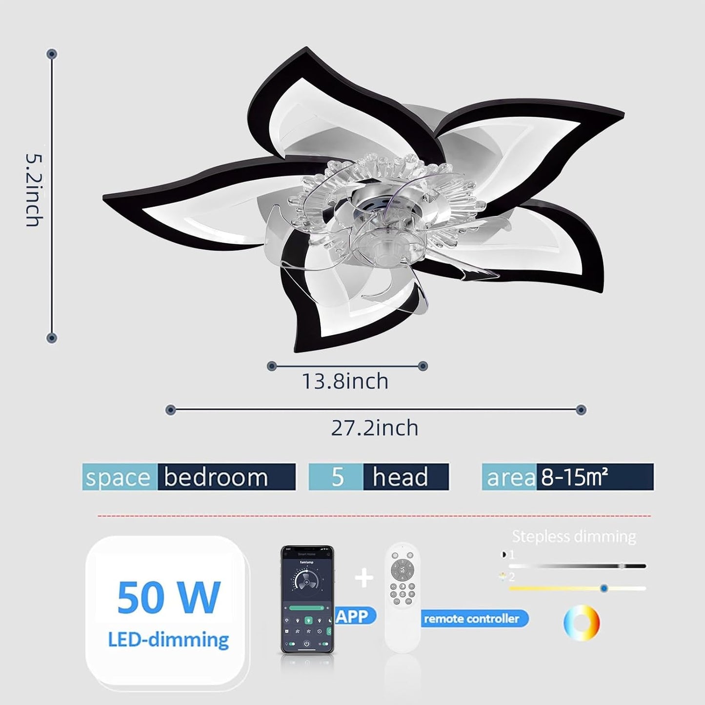 Low Profile Ceiling Fans with Lights,27.2” Black Modern Dimmable Flower Shape Ceiling Light Fan with Remote Control/app Control,Timing 6 Gear Speeds Fan Ceiling Lamp.