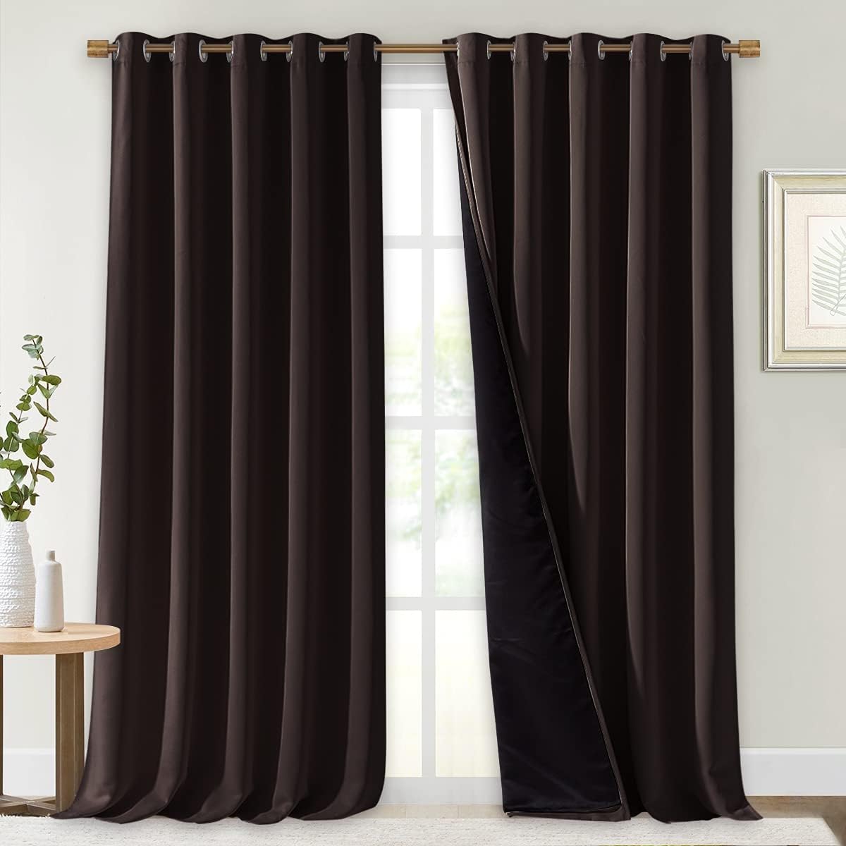 NICETOWN Full Shading Curtains for Windows, Brown, Pack of 2, 62 inches W x 95 inches L, Super Heavy-Duty Black Lined Blackout Curtains for Bedroom, Privacy Assured Window Treatment
