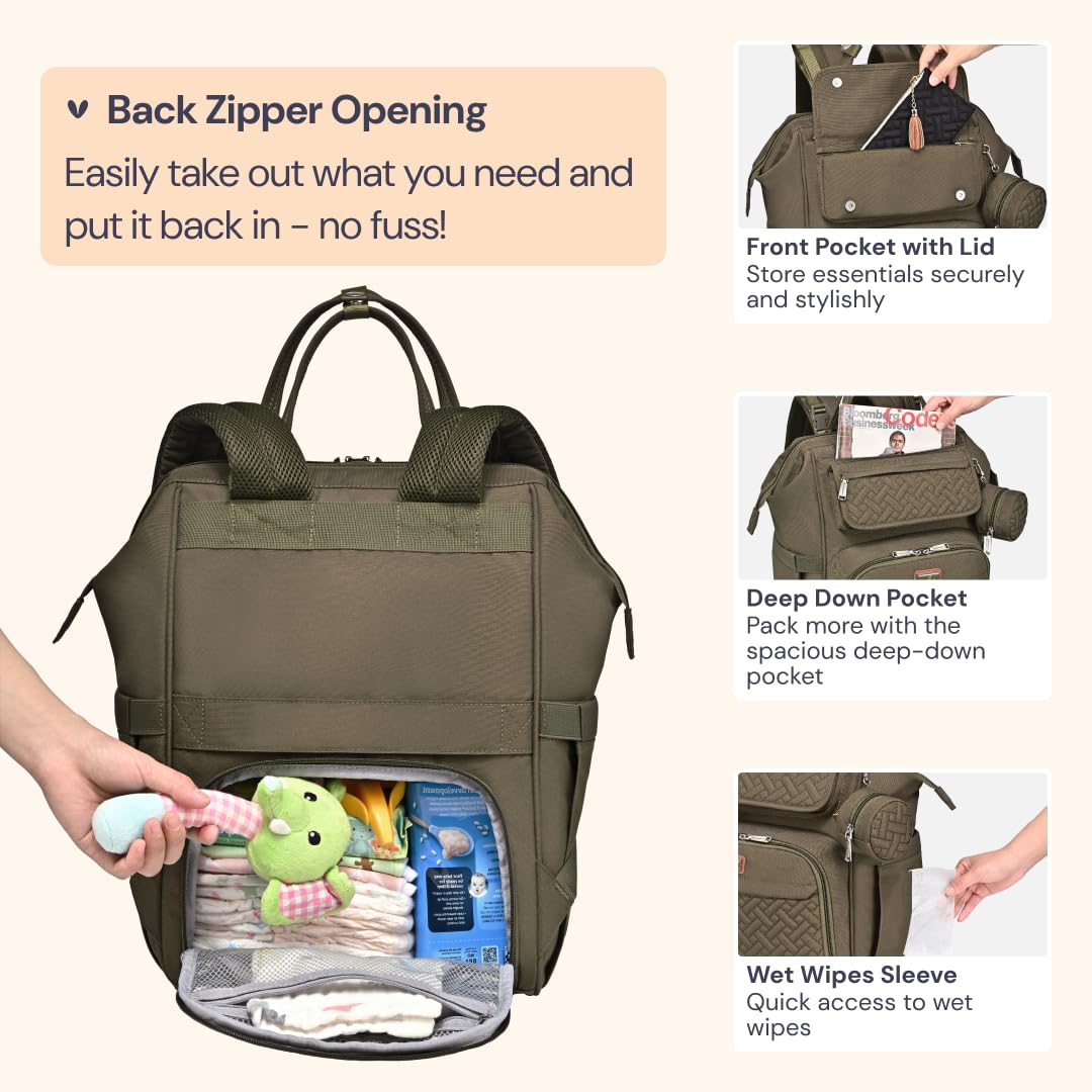 BabbleRoo Diaper Bag Backpack, Multifunction Nappy Changing Bag with Changing Pad, Stroller Straps & Pacifier Case, Unisex Stylish Travel Back Pack for Moms & Dads - Army Green