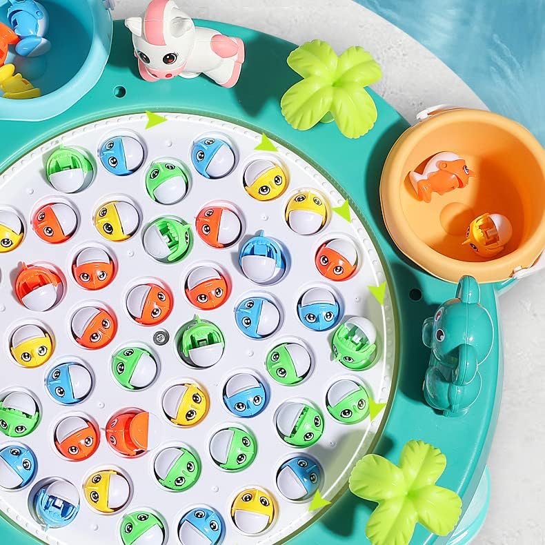 Fishing Game Toy Set, Kids Play Table w/Rotating Board, 45 Fishes & 4 Fishing Poles, Gifts for Children, Boys & Girls Aged 3 4 5 6+ (Upgraded Ver.)