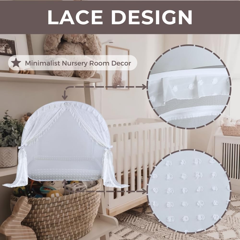 Wonder Space Elegant Baby Crib Net Tent - Minimalist Lace Curtain Design - Durable & Breathable Mesh to Keep Baby in & Stop Climbing Out - Mosquito & Insects Protection