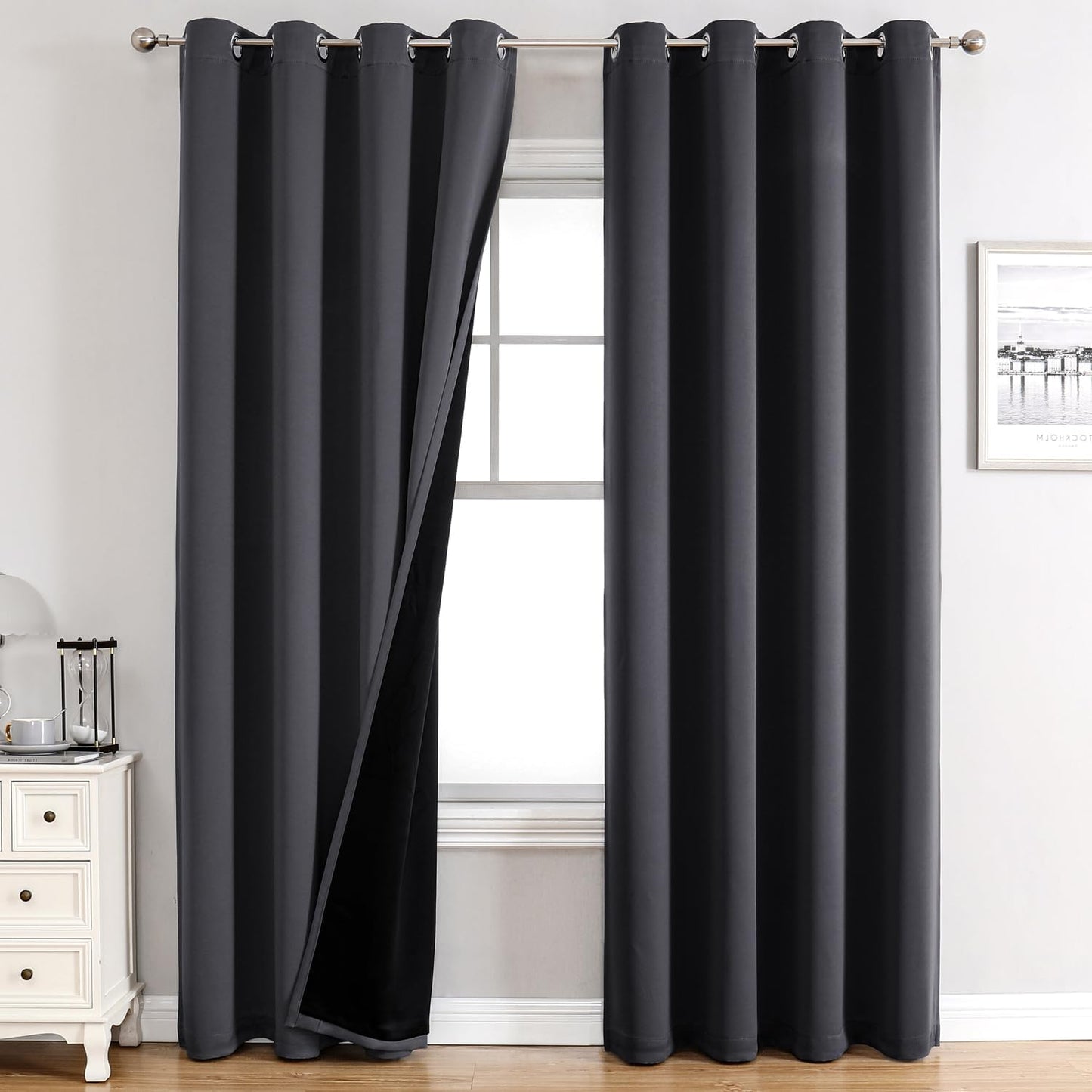 ChrisDowa 100% Blackout Curtains 80 inch Long for Bedroom with Black Liner, 2 Thick Layers Total Blackout Thermal Insulated Grommet Window Curtains 2 Panels Set (Dark Grey, 52 x 80 Inch)
