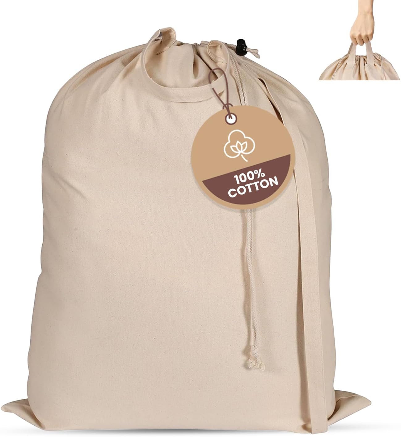 LFH Home Cotton Canvas Extra Large Laundry Bag with Handle, Heavy Duty Drawstring Closure Washable Laundry Bags School Travel, Home, Hotel, College Dorm, Organizer Sack, Toys Clothes 24x36-Natural