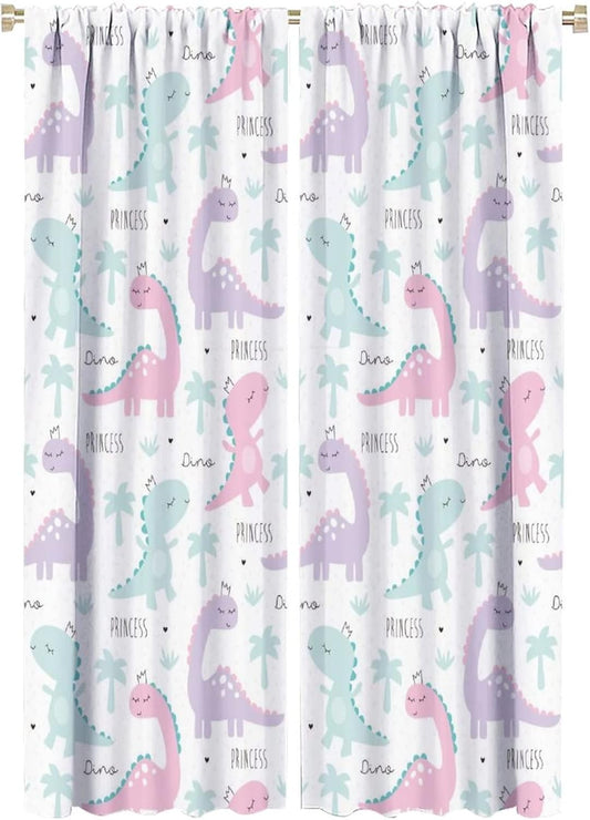 Kids Dinosaur Curtains for Boys Girls Bedroom Decor Cartoon Dino Colorful Cute Funny Animal Wildlife Printed Blackout Rod Pocket Window Drapes for Baby Nursery Playroom W21xL63in 2 Panels