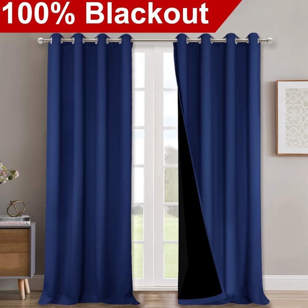 NICETOWN Full Shading Curtains 90" Long 2 Panels Set for Windows, Royal Blue, Pack of 2, 52" W, Super Heavy-Duty Black Lined Blackout Curtains for Bedroom, Privacy Assured Window Treatment