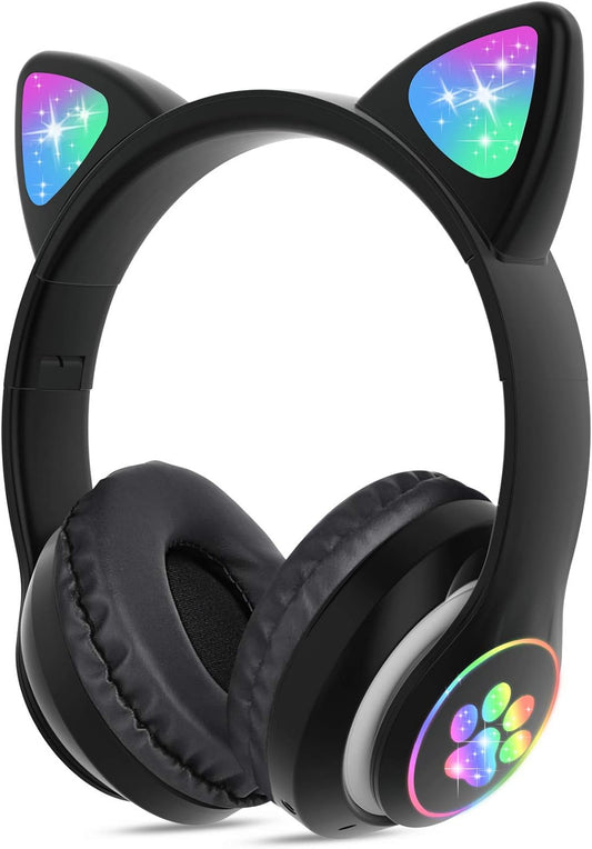 TCJJ Kids Wireless Headphones - Cat Ear LED Light Up, Bluetooth 5.4, Safe Volume Limit, Noise Cancelling with Mic & TF Card for Girls Boys Toddlers School (Black)
