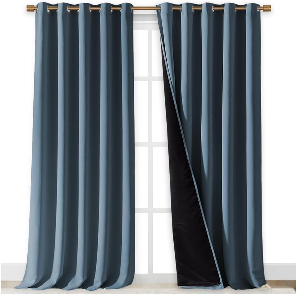 NICETOWN Full Shading Curtains for Windows, Smoky Blue, Pack of 2, 70 inches W x 95 inches L, Super Heavy-Duty Black Lined Blackout Curtains for Bedroom, Privacy Assured Window Treatment