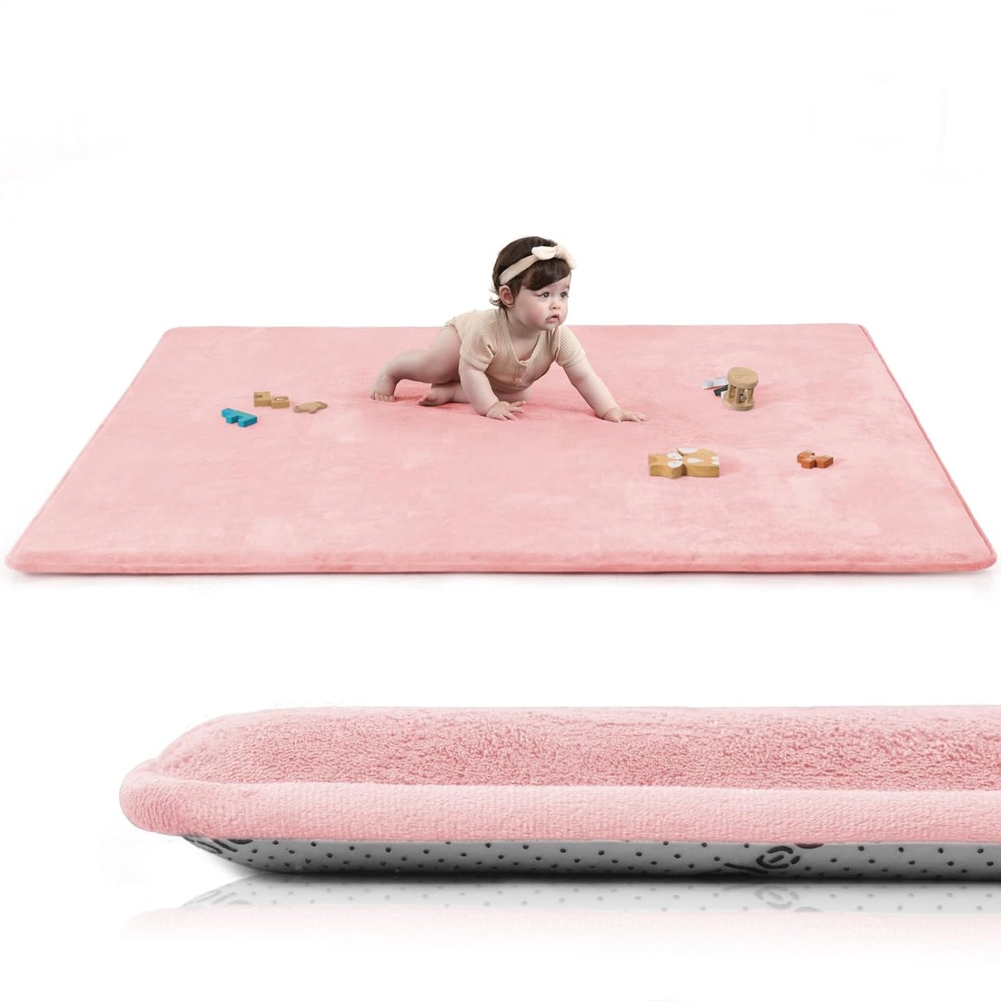 Baby Play Mat for Floor,1.3" Thick Elasti-Foam 50"×74" Playpen Mat for Tummy Time,Water Repellent Soft Coral Velvet for Toddler,Infant,Kids,Non-Slip Backing Safe for Crawling(Pink)
