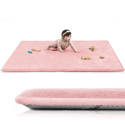 Baby Play Mat for Floor,1.3" Thick Elasti-Foam 50"×74" Playpen Mat for Tummy Time,Water Repellent Soft Coral Velvet for Toddler,Infant,Kids,Non-Slip Backing Safe for Crawling(Pink)