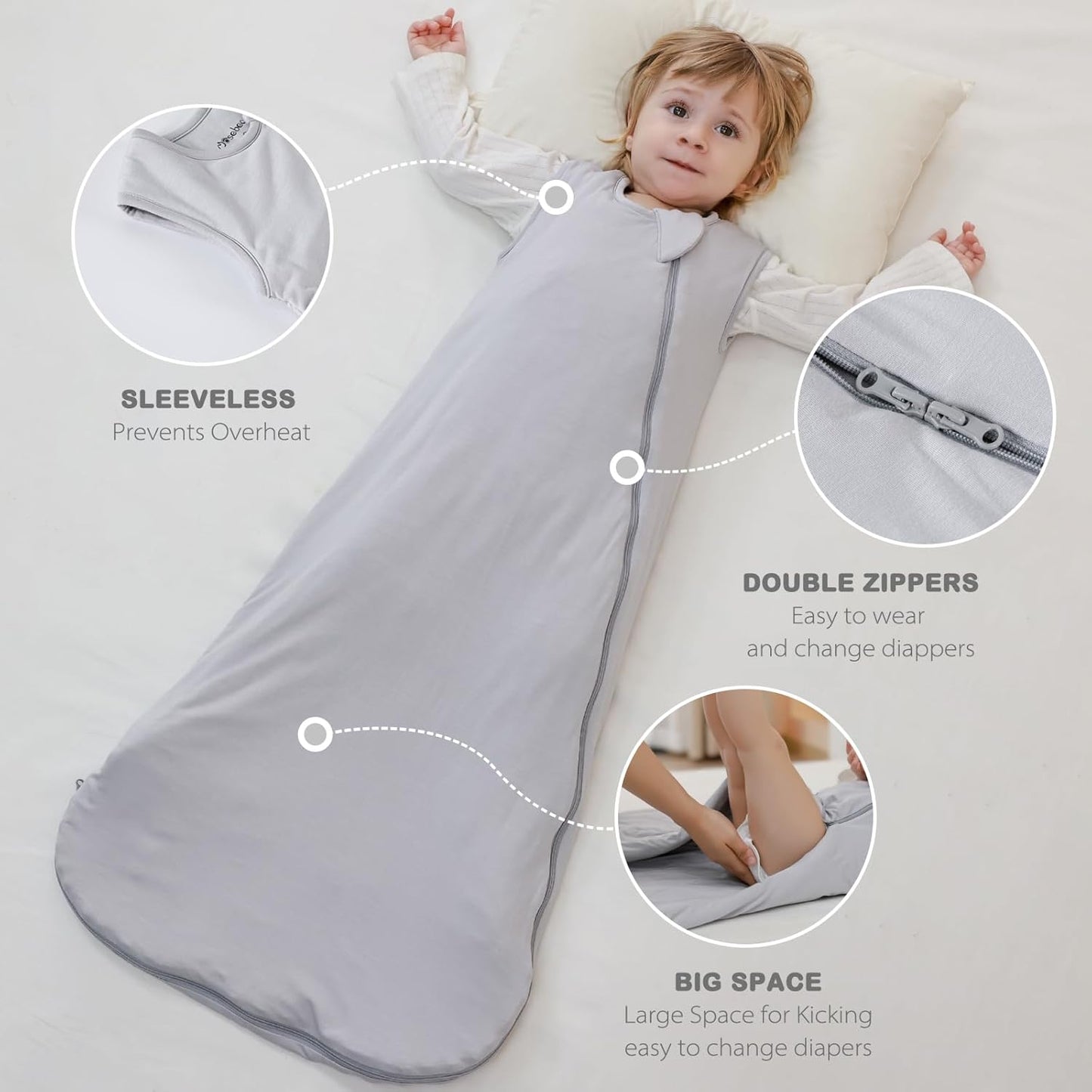 Mosebears Unisex Baby Sleep Sack 1.0 TOG, Supersoft Rayon Made from Bamboo Wearable Blanket with 2-Way Zipper (Light Grey,6-18 Months)