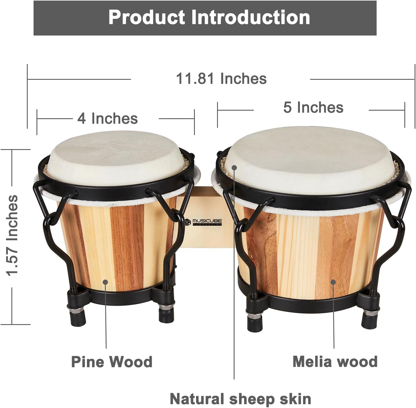 MUSICUBE Bongo Drum Set 4” and 5” Bongos for adults kids Beginners Professional Wooden and Metal Drum with Tuning Wrench
