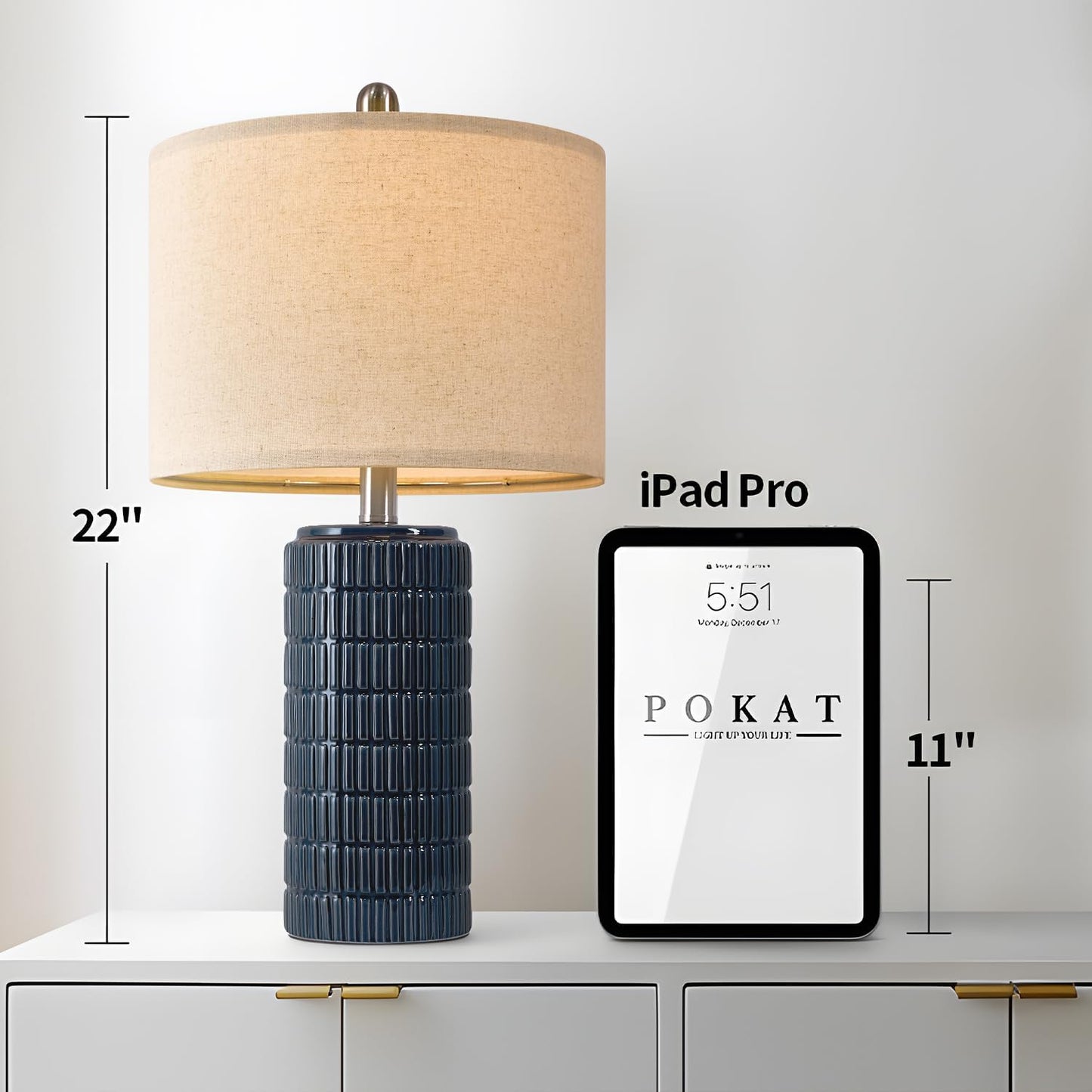 PoKat 23" Blue Table Lamps, Farmhouse Bedside Lamps for Bedroom Set of 2, Ceramic End Table Lamps for Living Room, Traditional Nightstand Desk Lamps, Medium