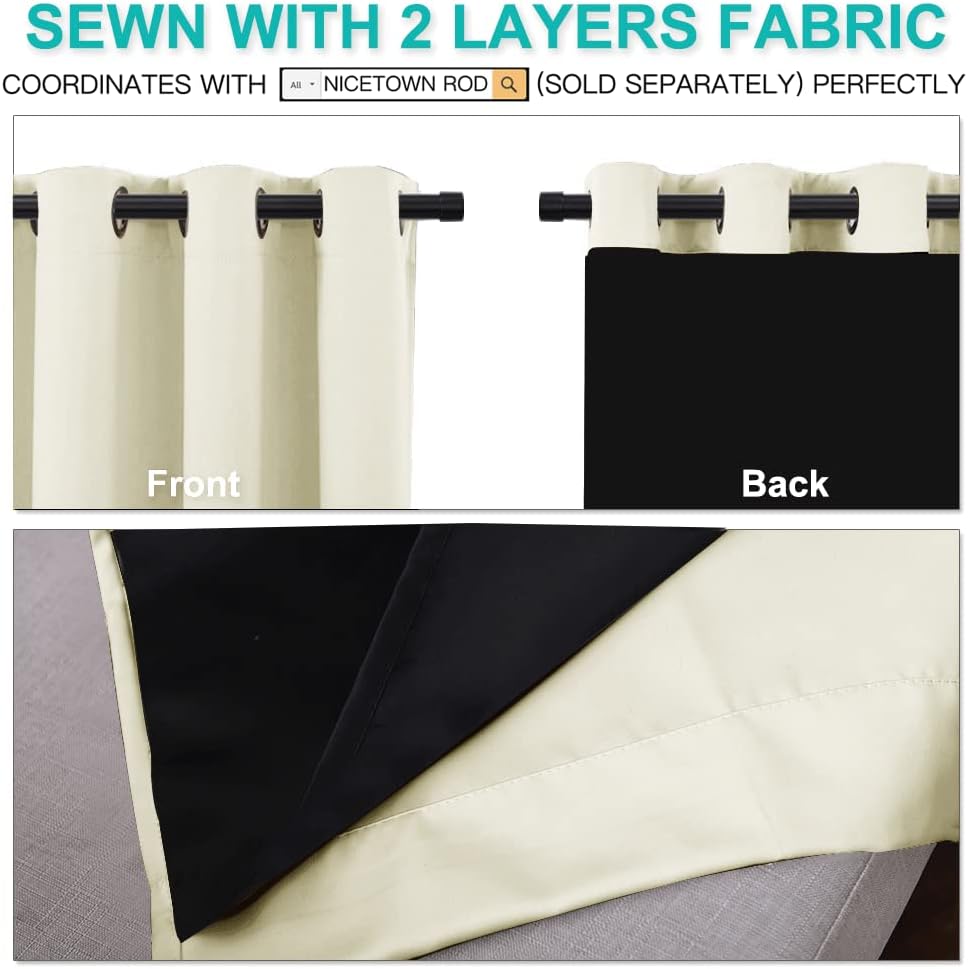 NICETOWN Living Room Completely Shaded Draperies, Privacy Protection & Noise Reducing Ring Top Drapes, Black Lined Insulated Window Treatment Curtain Panels (Beige, 2 Pieces, W52 x L84)