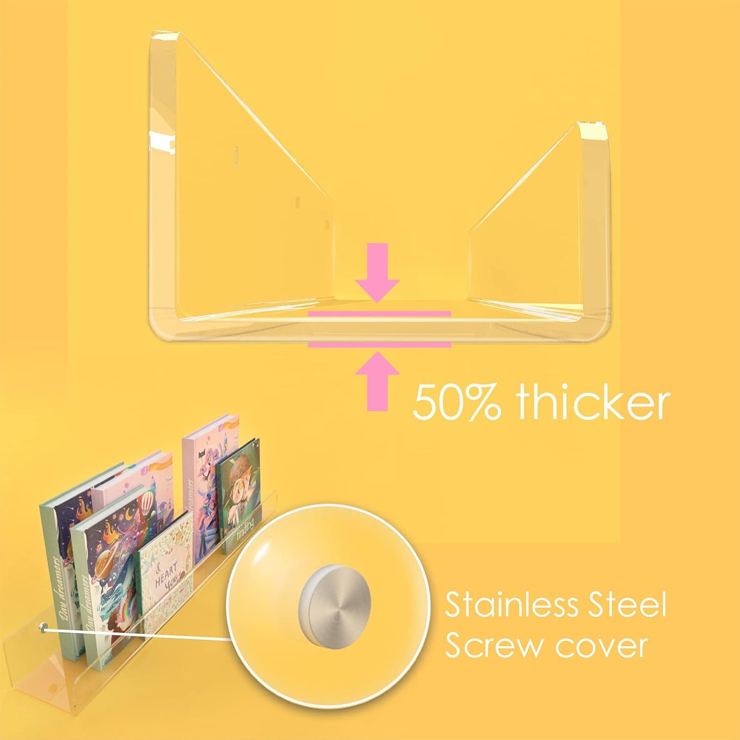 24 inches Wall Mounted Kids Bookshelf, Clear Acrylic Display Book Shelves for Kids Room Nursery Toddler Classroom 2 Packs