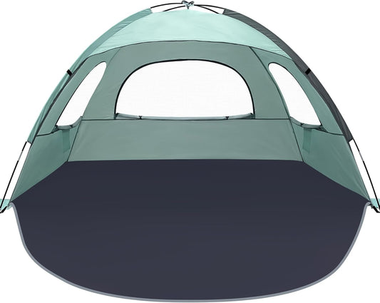 NXONE Beach Tent Sun Shade Shelter for 3/4/6 Person Person with UV Protection, Extended Floor, 3 Mesh Roll Up Windows & 8.0/8.5mm Fiberglass Rods丨Carry Bag Included
