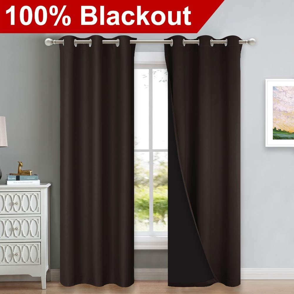 NICETOWN Full Shade Curtain Panels, 37" Wide x 80" Long, Toffee Brown, Pair of Thermal Insulated & Energy Efficiency Blackout Drapes for Living Room, Lined Silky Performance Window Dressing
