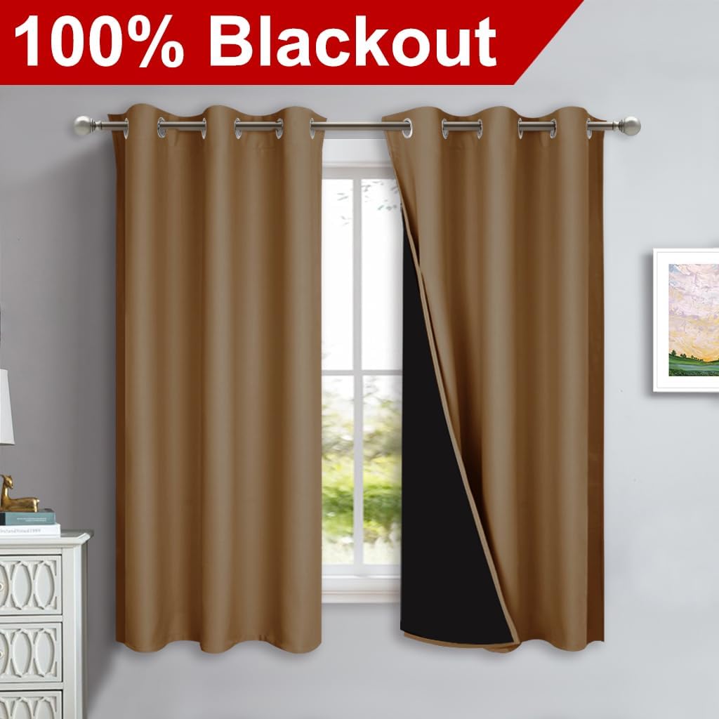 NICETOWN 100% Blackout Curtains 45 inches Long, Gold Brown, 1 Pair, 42 inches Width Each Panel, 2 Thick Layers Completely Blackout Window Treatment Thermal Insulated Lined Drapes for Small Window