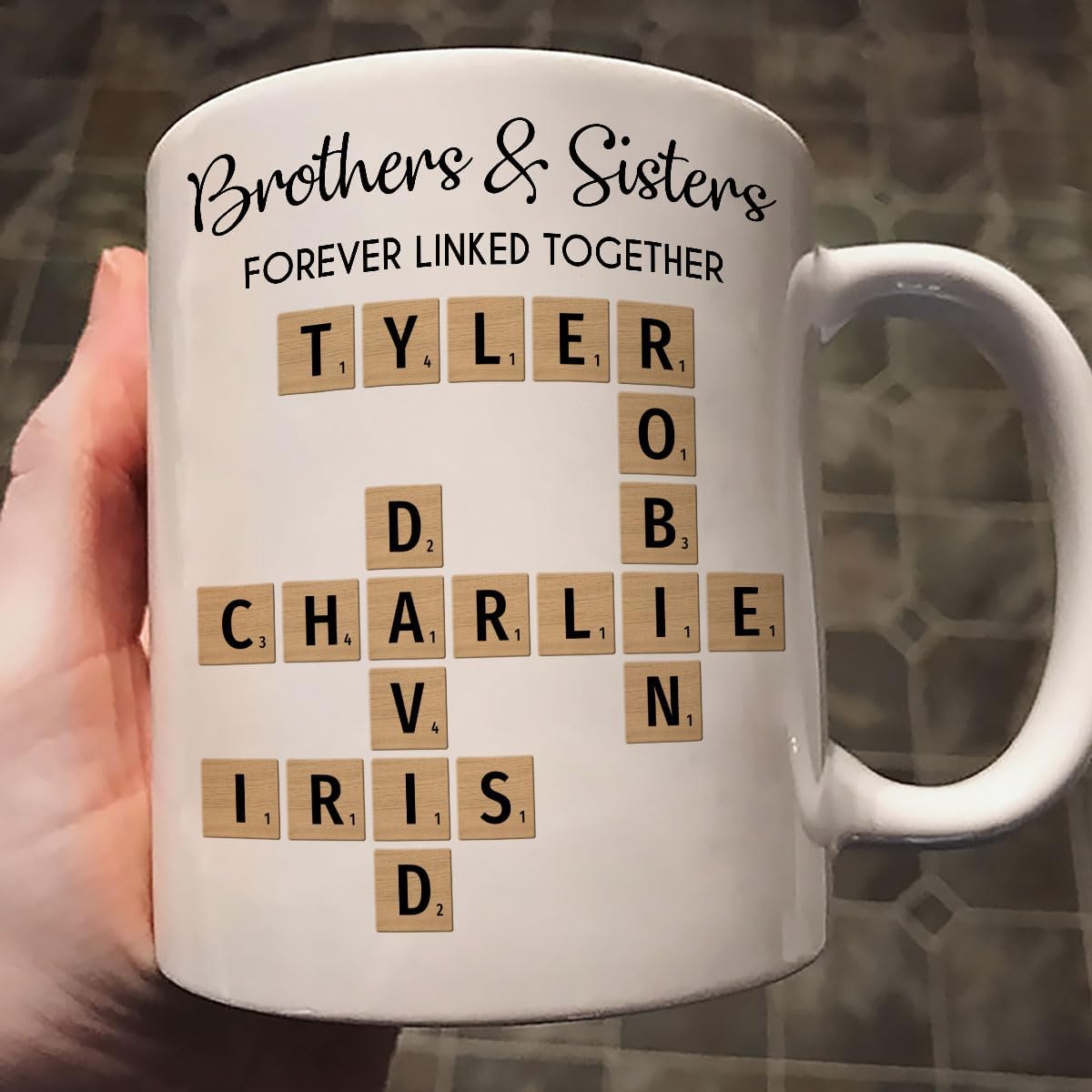 Trending Custom Brothers And Sisters Forever Linked Together Crossword Puzzle Art Personalized Mug, Gift For Brothers, Sisters, Siblings, Family Member on Birthday Christmas
