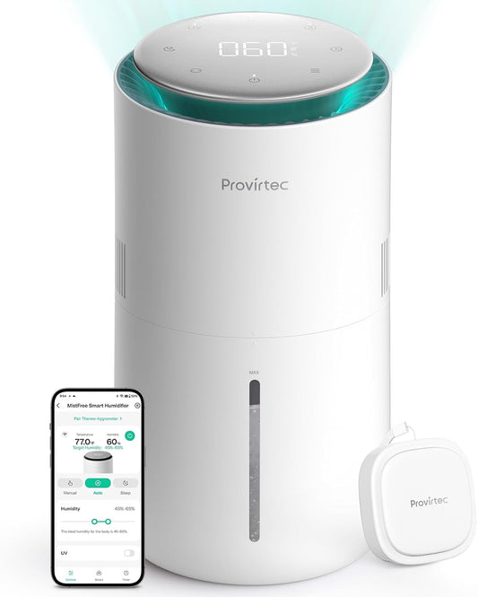 MistFree Smart Humidifier for Bedroom, Evaporative Humidifier No White Dust, Auto Humidity & APP Control, 3L Water Tank Easy to Clean, Sleep Mode, Timing, Humidifiers for Nursery/Baby(White)