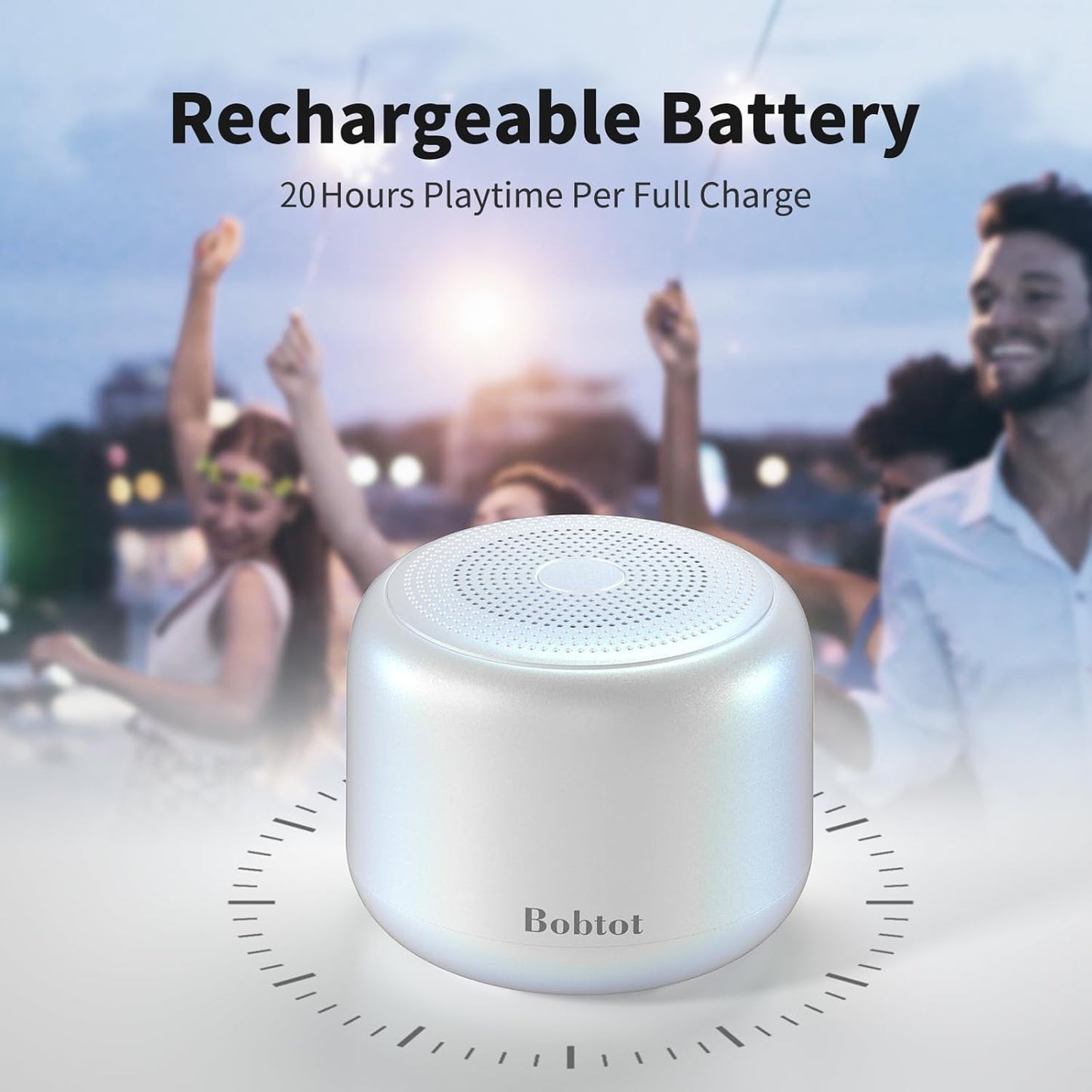 Bobtot Portable Bluetooth Speakers with Strap Easy to Carry, Wireless IPX5 Waterproof Mini Speaker with Loud Stereo Sound, 20 Hours Playtime, Rechargeable Battery, Built-in Microphone, White