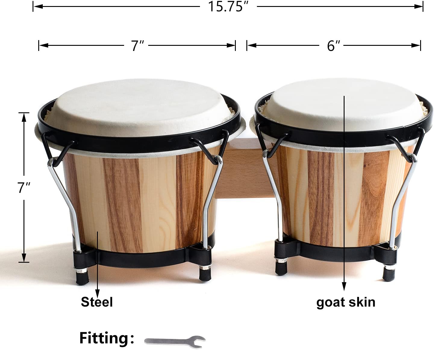 MUSICUBE Bongo Drums for Kids Adults Professional 6” and 7” Tunable Hand-Crafted Bongo Drum Percussion Instrument with Tuning Wrench and Storage Bag (Natural Skin)