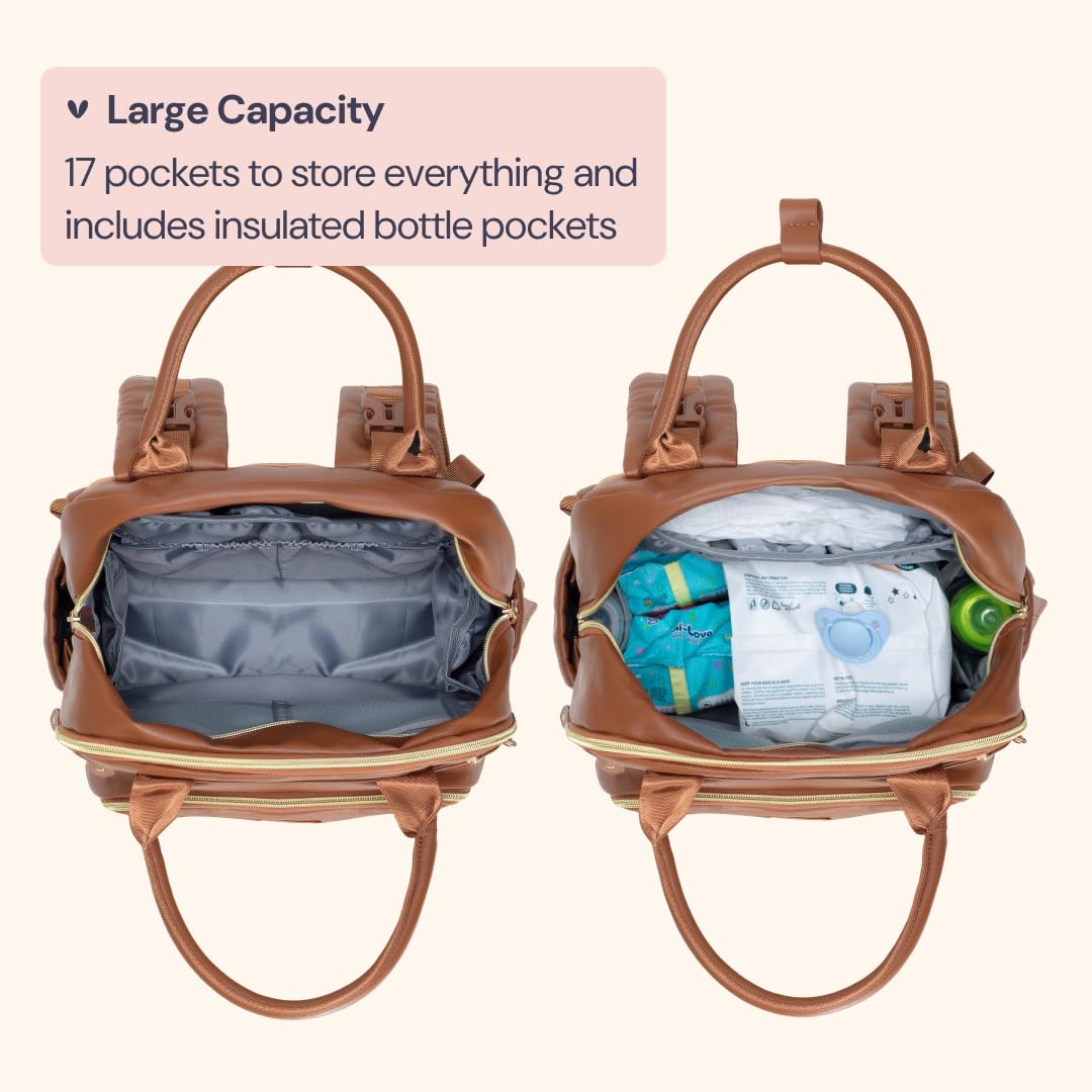 BabbleRoo Leather Diaper Bag Backpack - Baby Essentials Travel Baby Bag, Multi function, Waterproof, with Changing Pad, Stroller Straps & Pacifier Case – Unisex, Natural Brown