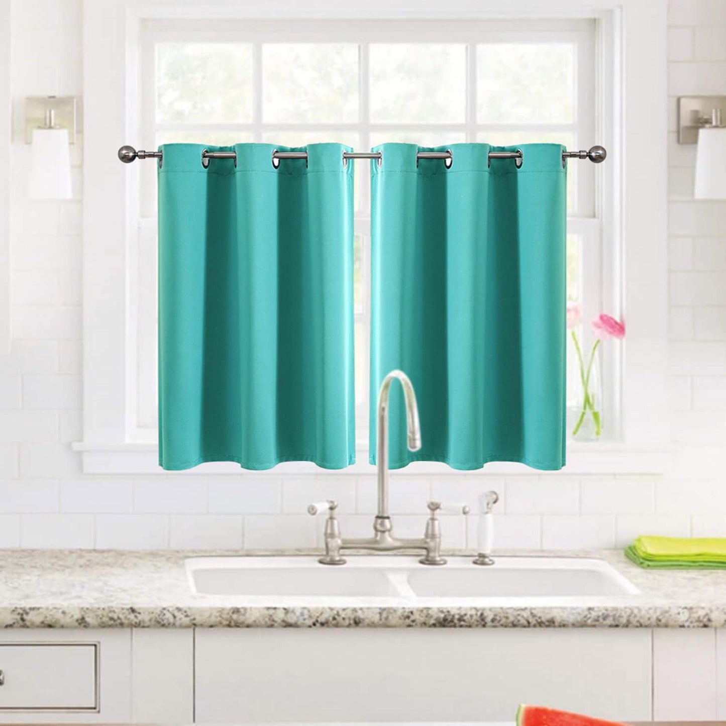 ChrisDowa Small Window Curtains for Kitchen and Bedroom - Grommet Short Thermal Insulated Room Darkening Curtains (2 Panels, Teal, 34 x 36 Inch)