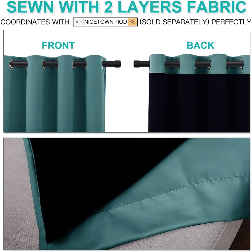 NICETOWN Full Shade Curtain Panels, Pair of Energy Smart & Noise Blocking Out Blackout Drapes for Apartment Window, Thermal Insulated Guest Room Lined Window Dressing(Sea Teal, 52 x 72 inch)