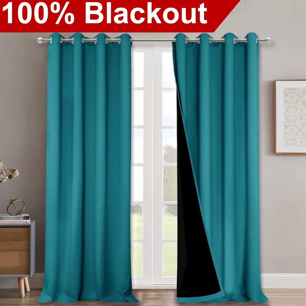 NICETOWN Full Shading Curtains 90 inches Long 2 Panels Set for Windows, Super Heavy-Duty Black Lined Blackout Curtains for Bedroom, Privacy Assured Window Treatment (Peacock Teal, 52 inches W)