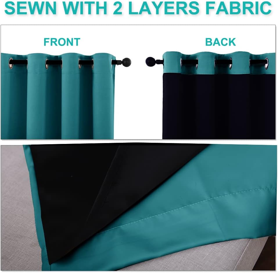 NICETOWN Extra Long Truly Blackout Drapes for Hall and Villa, 46" Width Each Panel, 45" Length, Peacock Teal, 2 Pieces, 100% Blackout Window Curtain Panels with Black Lined for Night Shift Worker