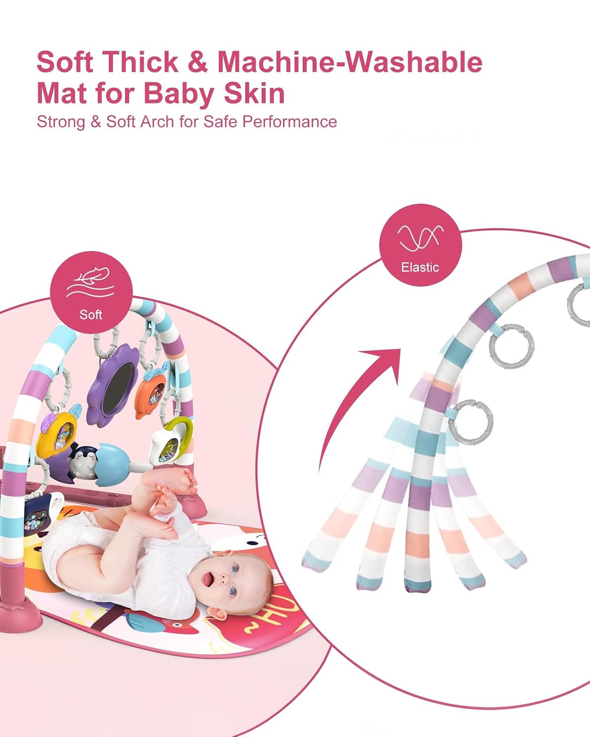 dearlomum Baby Play Mat Gym,Funny Play Piano Tummy Time Baby Activity Mat with 5 Infant Sensory Toys & 4 Wrist Rattle Socks, Boy & Girl Gifts for Newborn 0 to 3 6 9 12 Months(Pink)