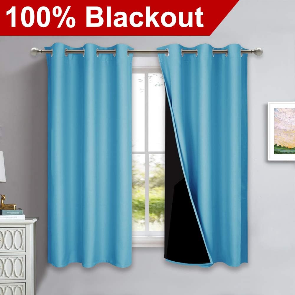NICETOWN 100% Blackout Short Curtains with Black Liners, 2 Panels, 37" W by 50" L, Teal Blue, Solid Thermal Insulated Full Blackout 2-Layer Lined Drapes, Energy Efficiency Window Draperies for Bedroom