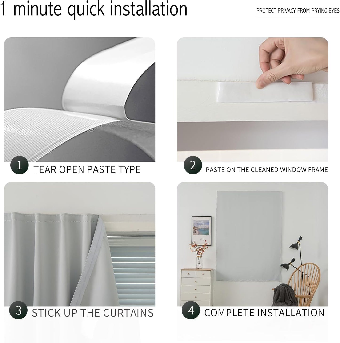 self Adhesive Curtains Portable Blackout Curtain Simple and Easy to Install Bedroom Window Thermal Lnsulated Kitchen Room Darkening Black Small Drapes, 35" W X 79" L, White, 1 Panel