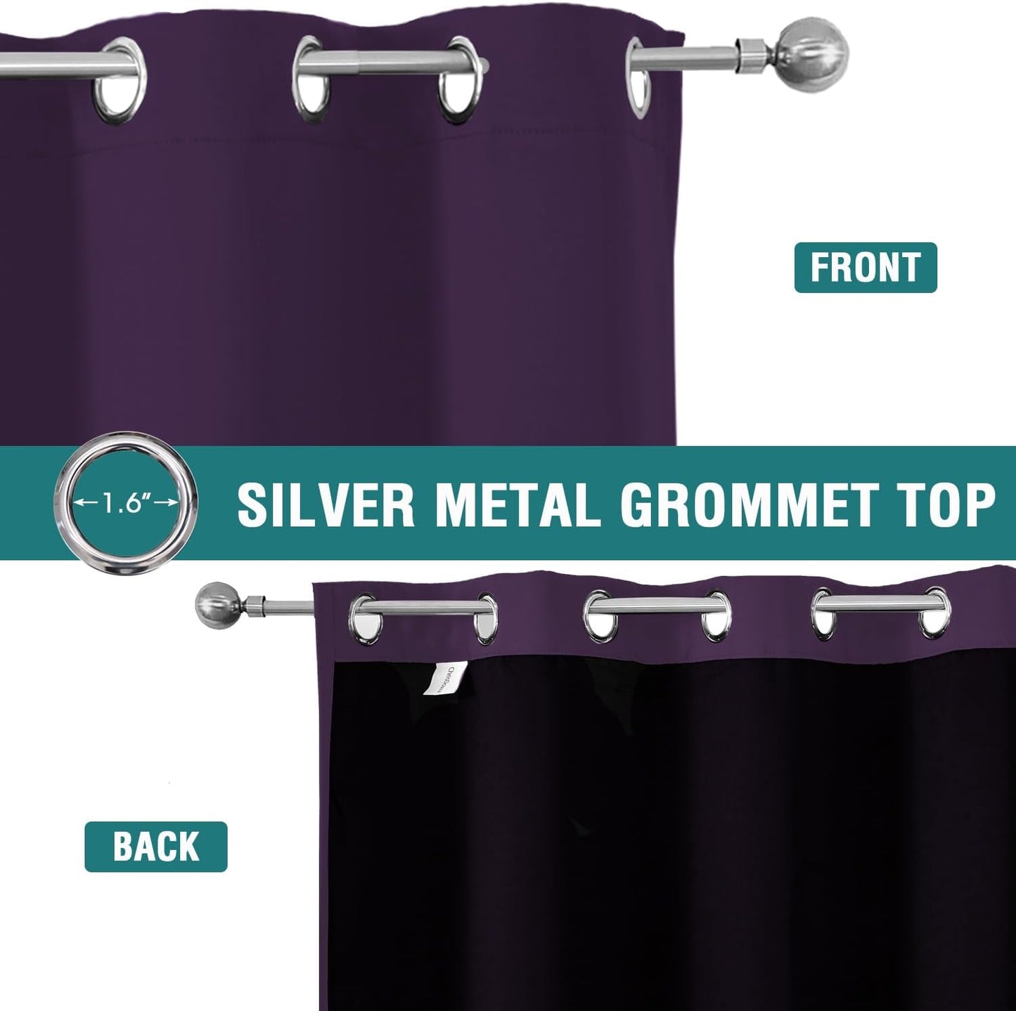 ChrisDowa 100% Blackout Curtains 108 inch Long for Bedroom with Black Liner, 2 Thick Layers Total Blackout Thermal Insulated Grommet Window Curtains 2 Panels Set (Royal Purple, 52 x 108 Inch)