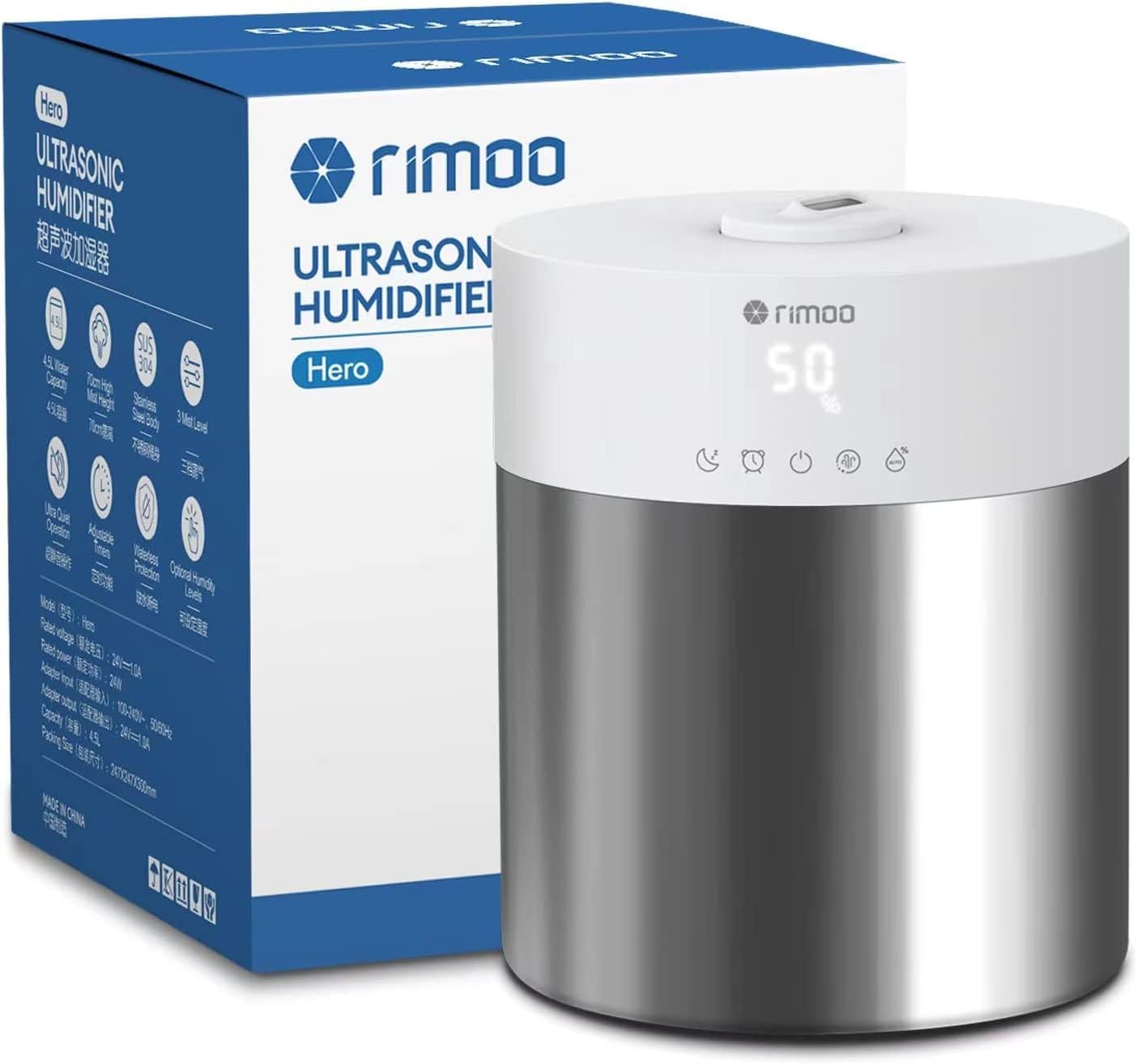 Stainless Steel Humidifier, 4.5L Easy to Clean Humidifier with 304 Stainless Steel Tank, Cool Mist Humidifiers for Bedroom with Smart Humidistat & Timer, 25dB Sleep Mode for Baby, Plants